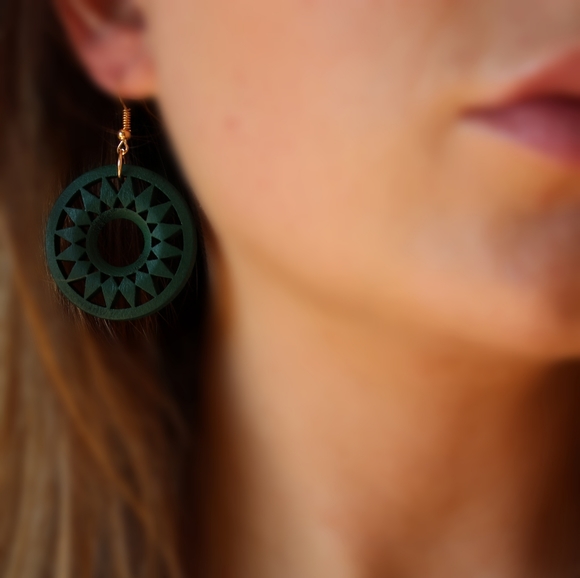 *2 for $15* Teal Sun Wood Drop Earrings - Picture 4 of 4